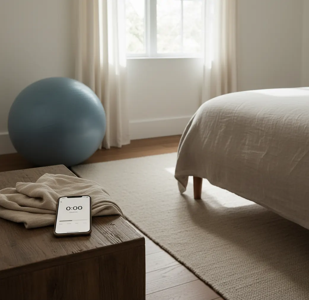 Phone showing contraction intervals beside a birth ball and a glass of water