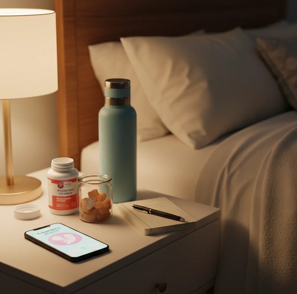 Phone showing pregnancy week guidance beside prenatal vitamins and a water bottle on a bedside table