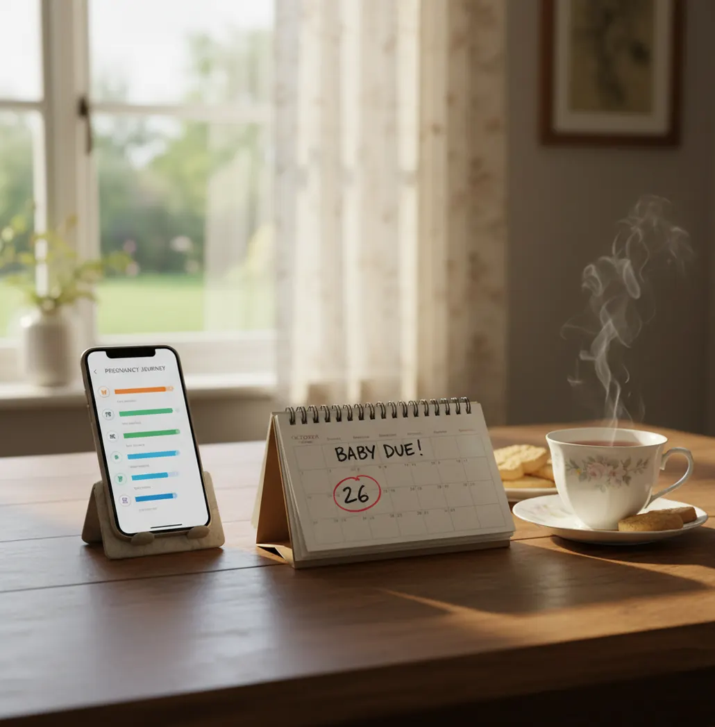 Pregnant person reviewing due date and symptoms on a phone beside a notebook