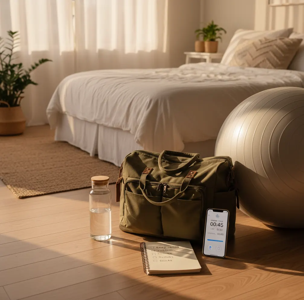 Hospital bag, birth ball, and phone timer on bedside table before labor begins