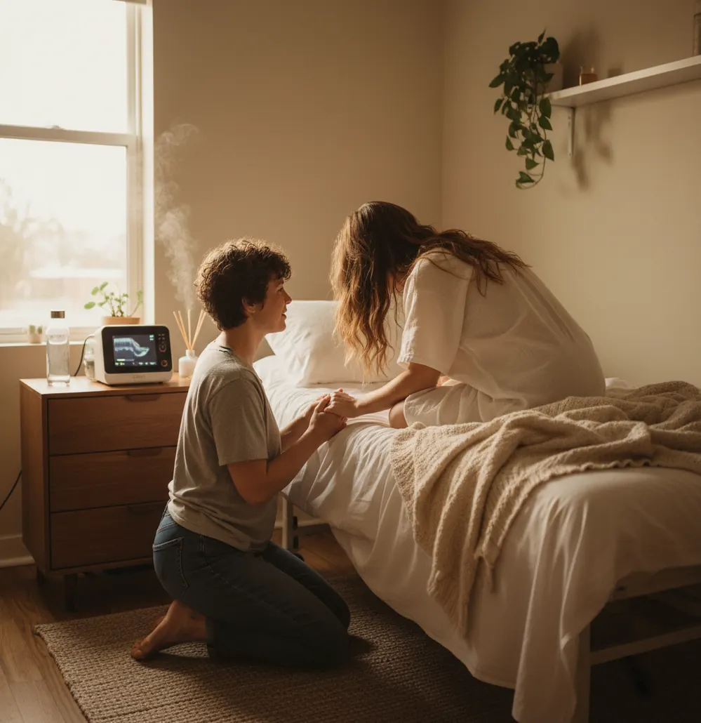 Laboring parent leaning forward on a bed while partner supports hips in a calm birth room