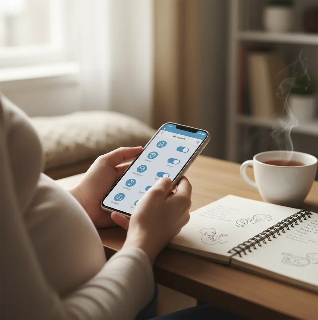 Pregnant person reviewing app permissions on a phone beside a paper prenatal planner