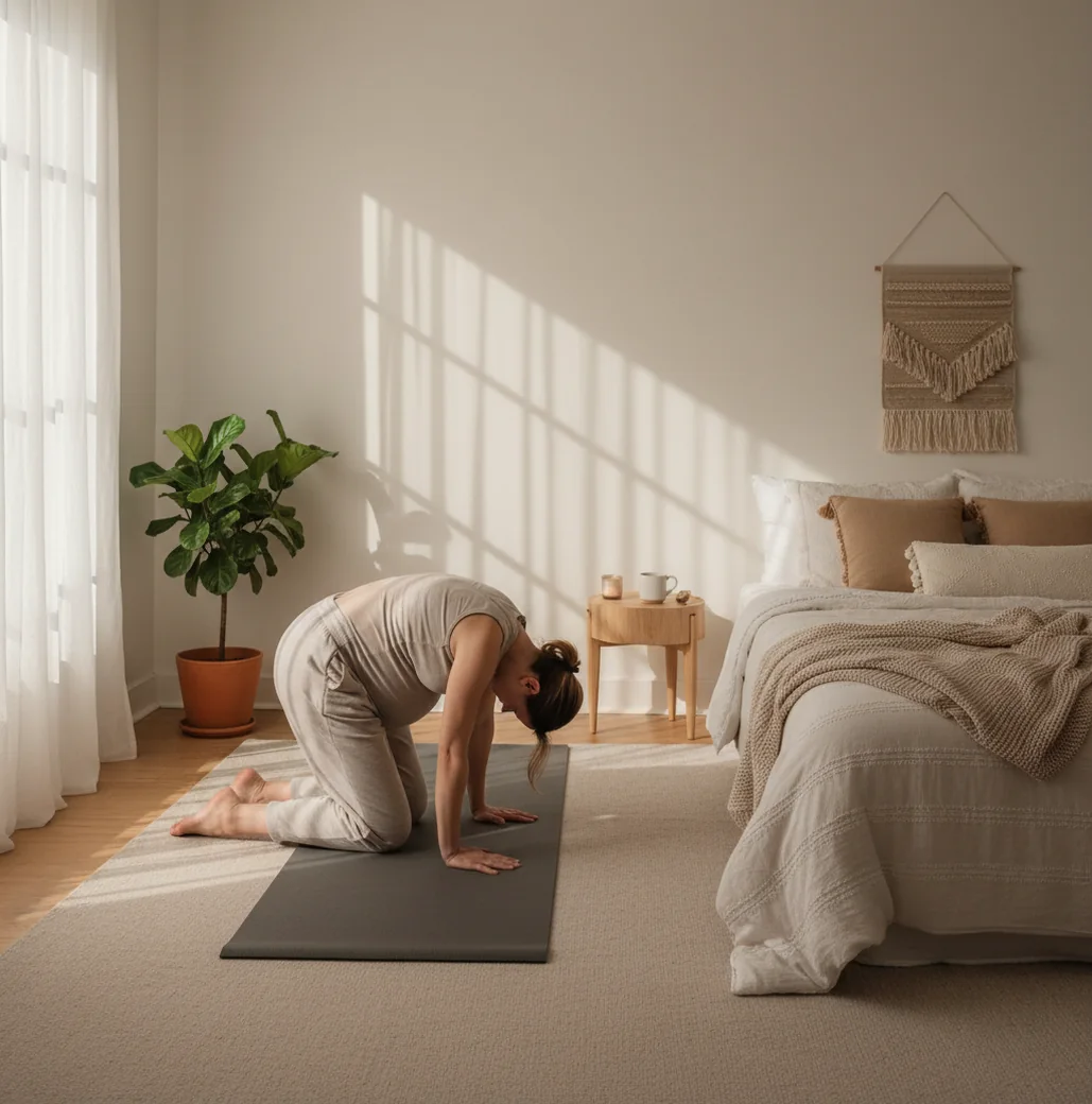 Pregnant person doing gentle cat-cow stretch on a yoga mat by a window