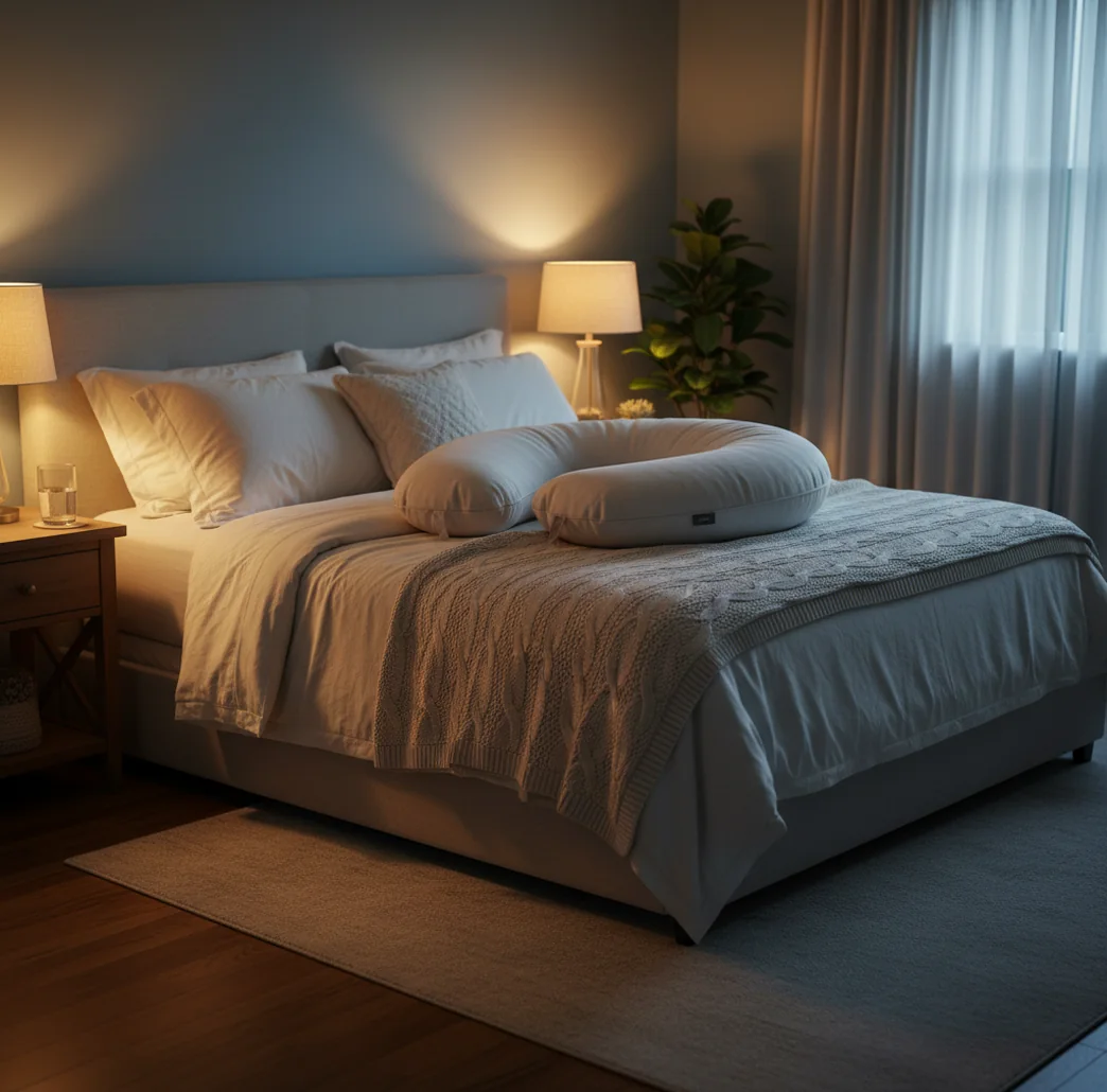 Pregnant person resting in bed with supportive pillows and a dim, calm bedside light
