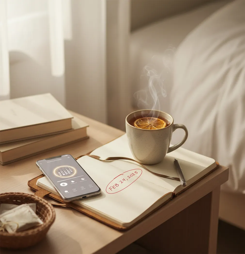Phone on bedside table showing pregnancy tracking next to a calm journal and tea