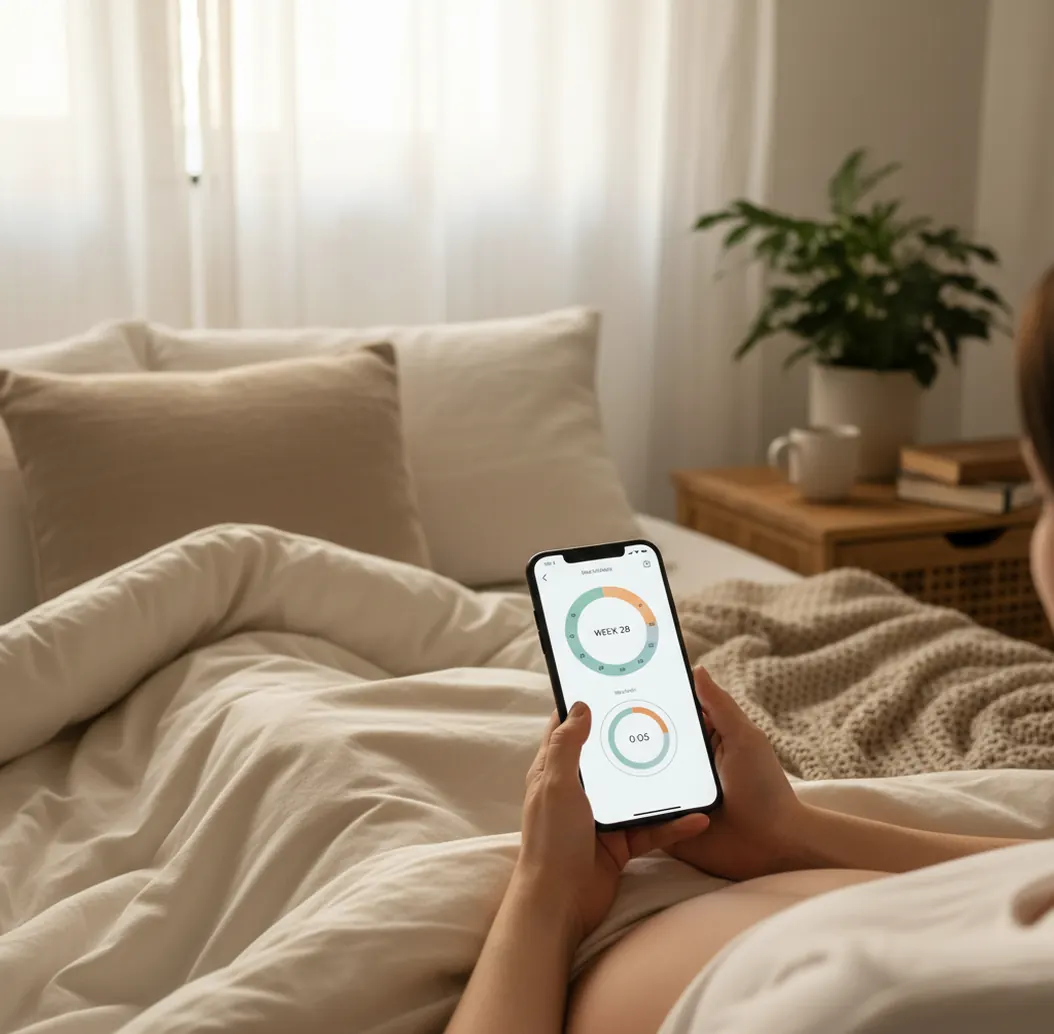 Phone screen showing pregnancy week timeline beside a calm breathing timer on a bedside table