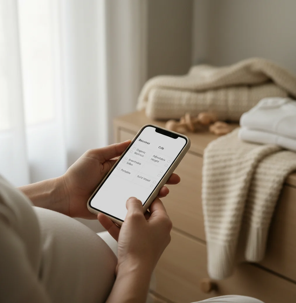 Two pregnancy apps compared on a phone screen, with a calm nursery background
