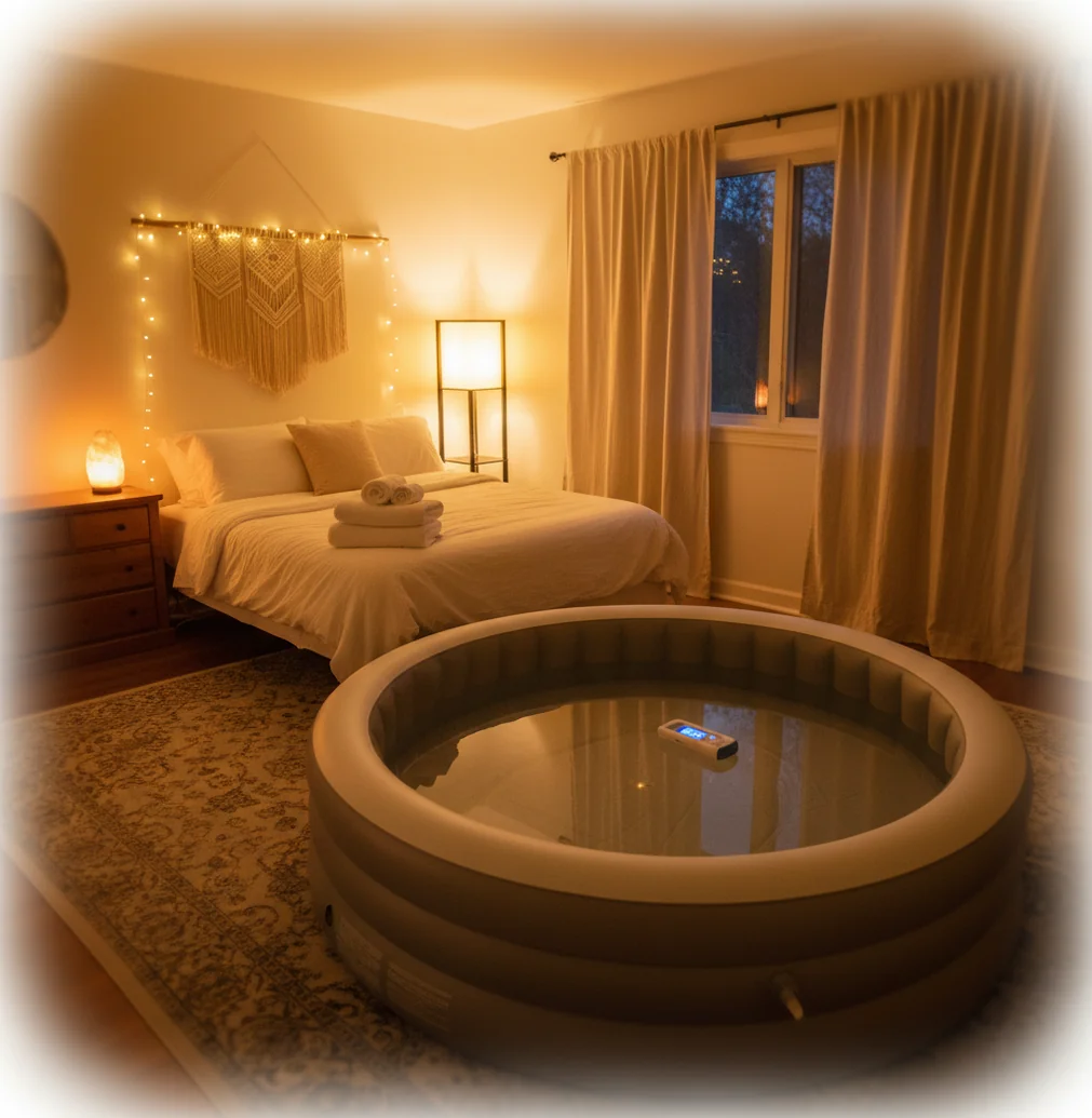 Birth pool beside a bed with towels, thermometer, and a calm dim-lit room