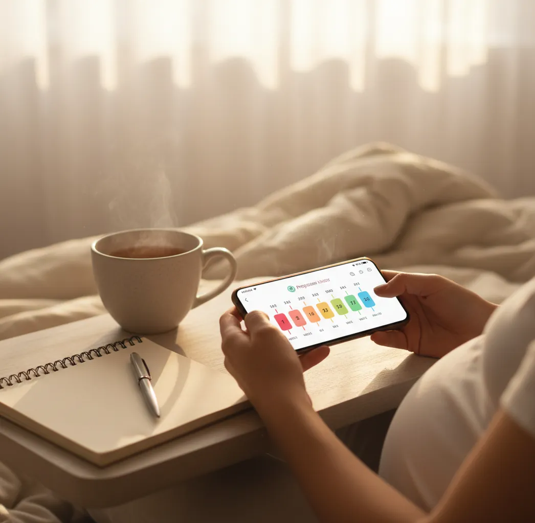 Pregnant person checking week-by-week milestones on a phone beside a journal and tea