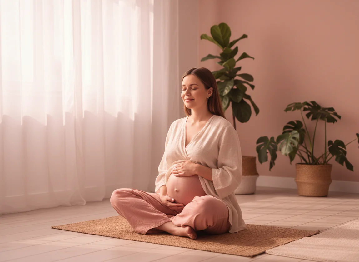 Pregnant woman using Pregnancy App meditation feature on her phone while relaxing at home