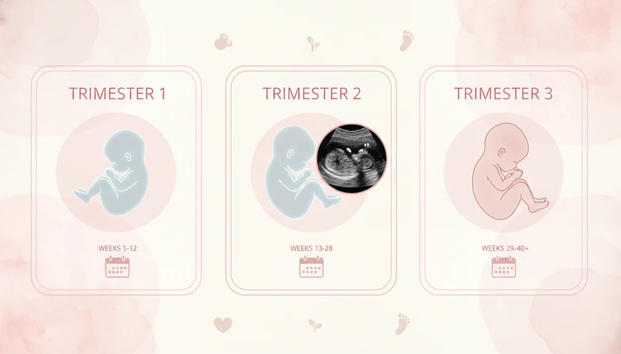 3D and 4D ultrasound week by week pregnancy infographic showing fetal profile changes across trimester panels with a soft calendar theme