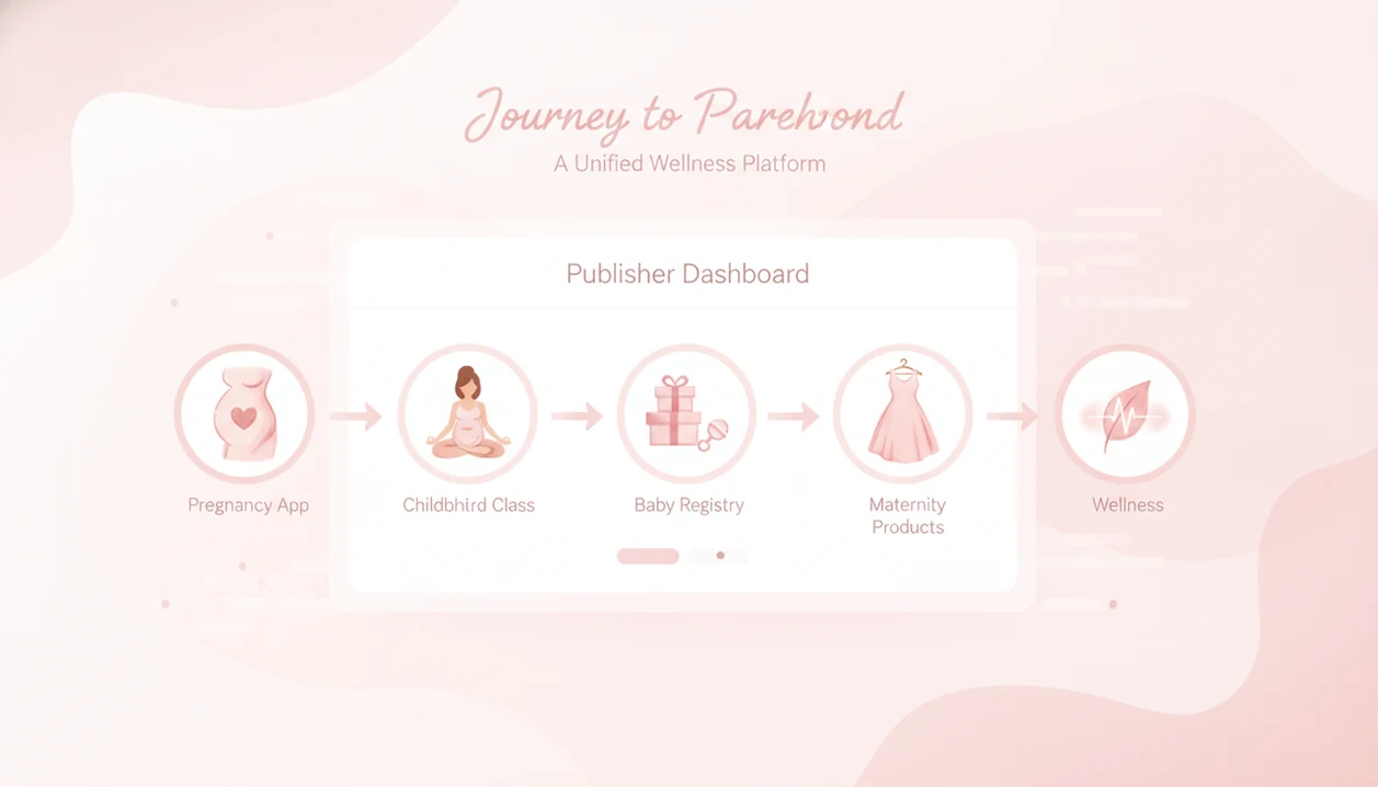Pregnancy affiliate programs comparison graphic with icons for a pregnancy app, childbirth class, baby registry, maternity products, and wellness services