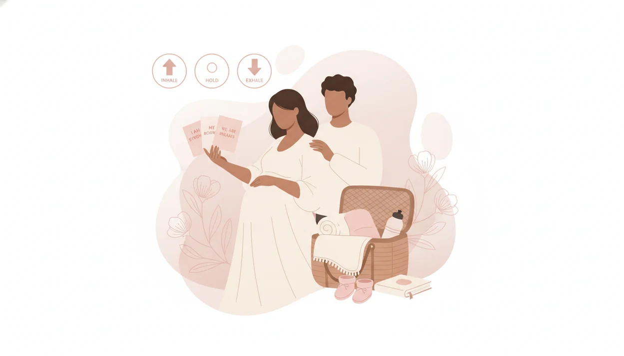 Pregnant person holding birth affirmation cards with breathing rhythm icons, supportive partner, and calm birth bag setup