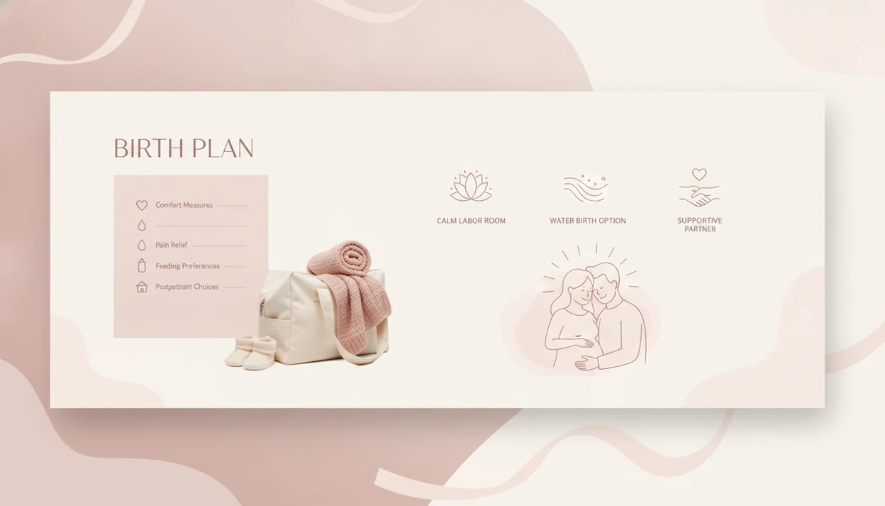 Printable birth plan checklist beside a hospital bag in a calm labor room with newborn blanket and supportive partner