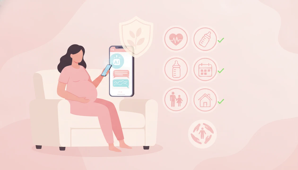 Pregnant person using a phone with AI chat bubbles, checklist icons, privacy shield, and clinician support symbol