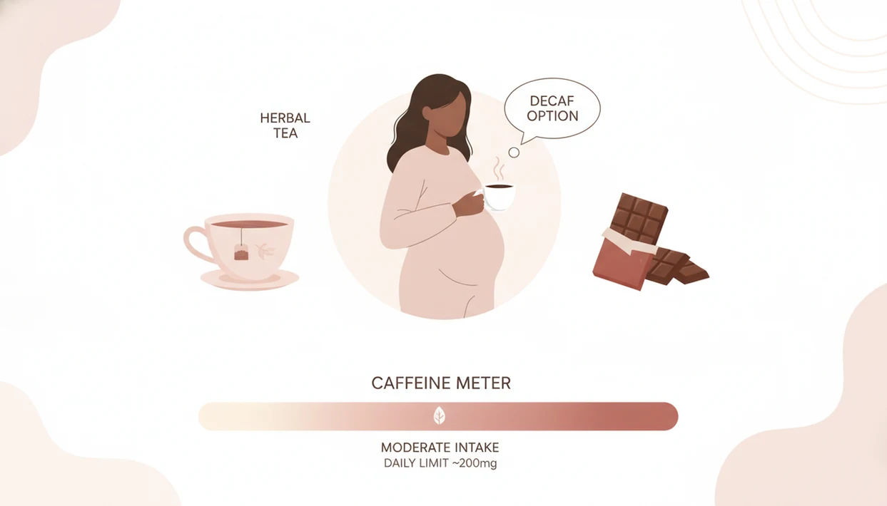 Pregnant person with a small coffee cup, decaf coffee, tea, chocolate, and a simple moderate caffeine meter for pregnancy