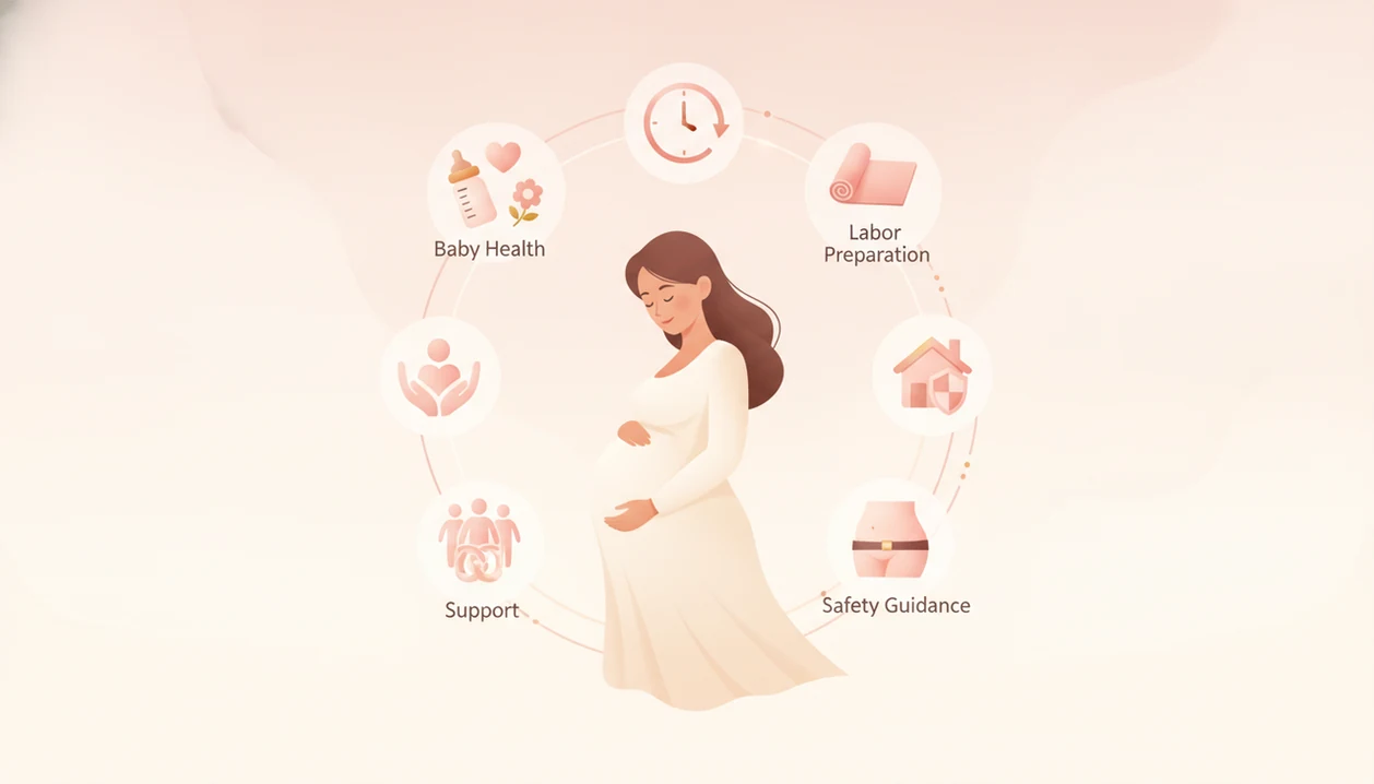 Calm pregnant person with gentle icons for baby health, trimester worries, labor preparation, emotional support, and pregnancy safety guidance