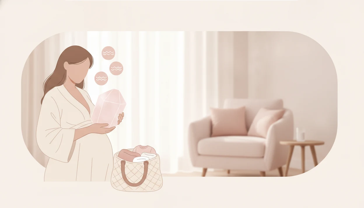 Pregnant person holding a smooth rose quartz crystal beside a birth bag while practicing calm breathing in a soft pink and cream birth room