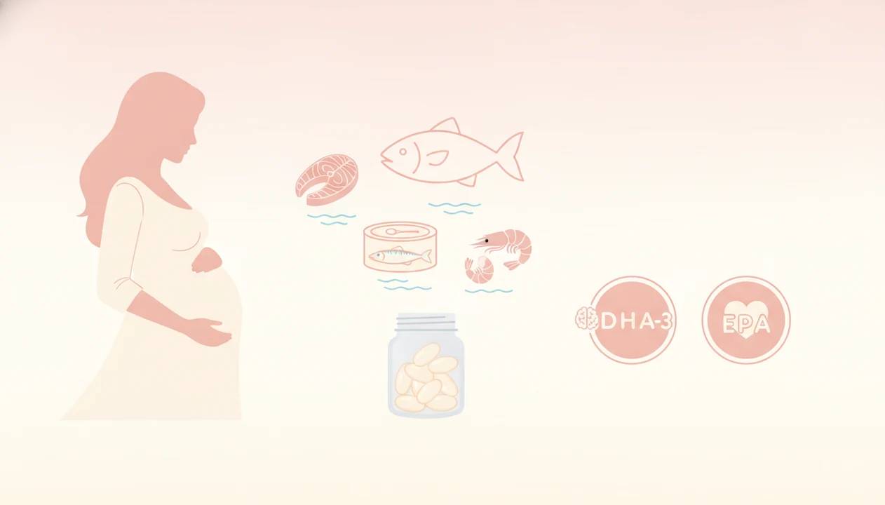 Pregnant person with low-mercury fish foods and omega-3 fish oil capsules illustrating DHA and EPA during pregnancy