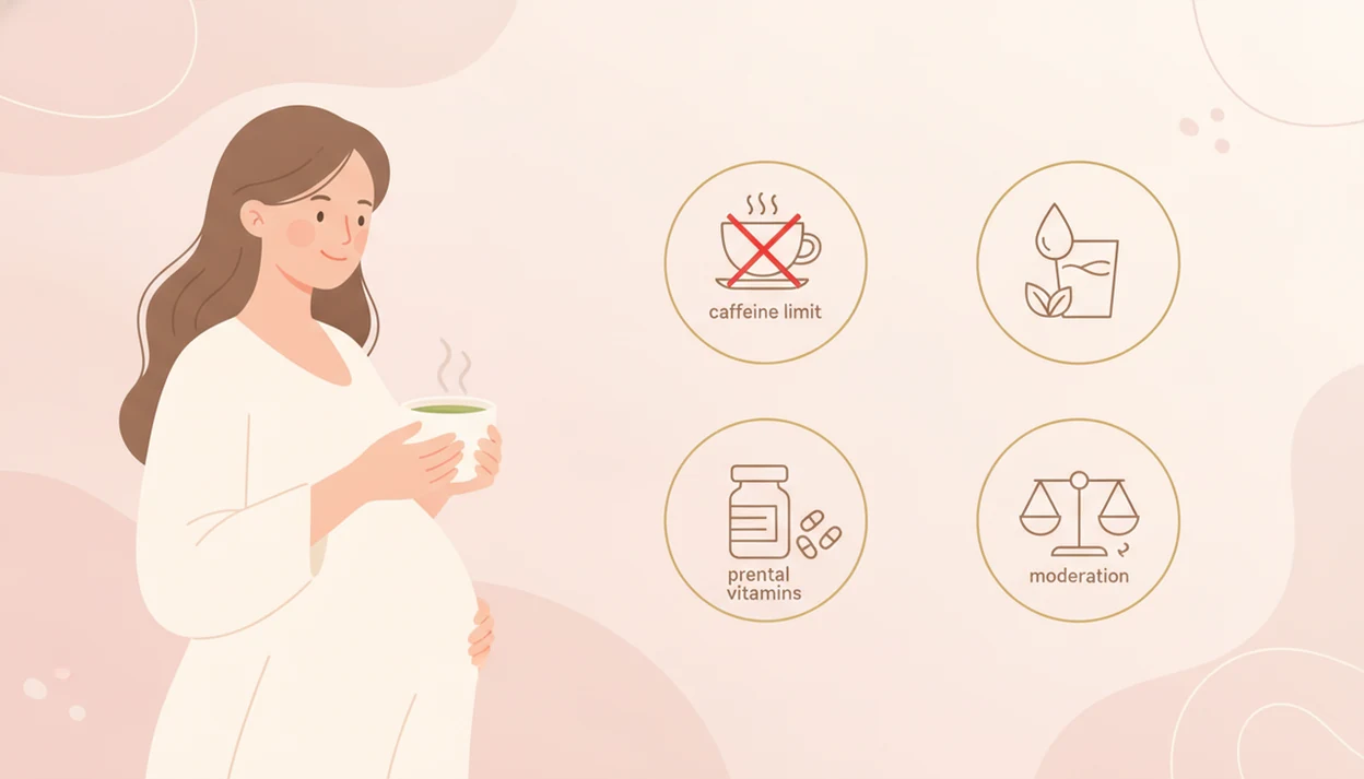 Pregnant person holding a cup of brewed green tea with icons for caffeine limit, prenatal vitamins, hydration, and moderation