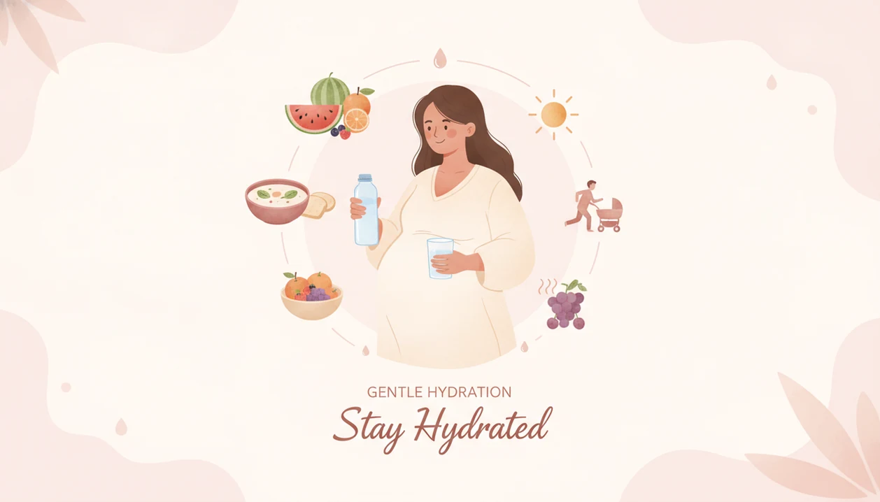 Pregnant person holding a water bottle beside a glass of water, fruit, and soup as examples of pregnancy hydration sources