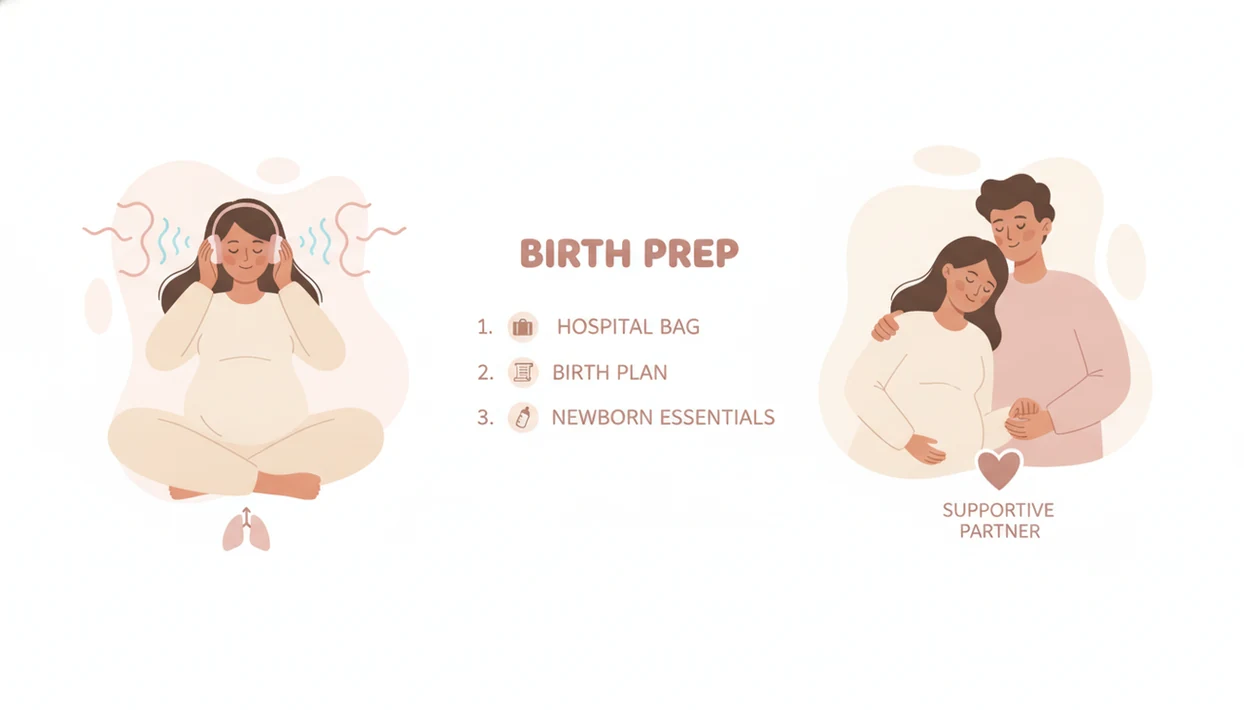 Pregnant person listening to guided childbirth hypnosis audio with a supportive partner, calm breathing waves, and a birth preparation checklist