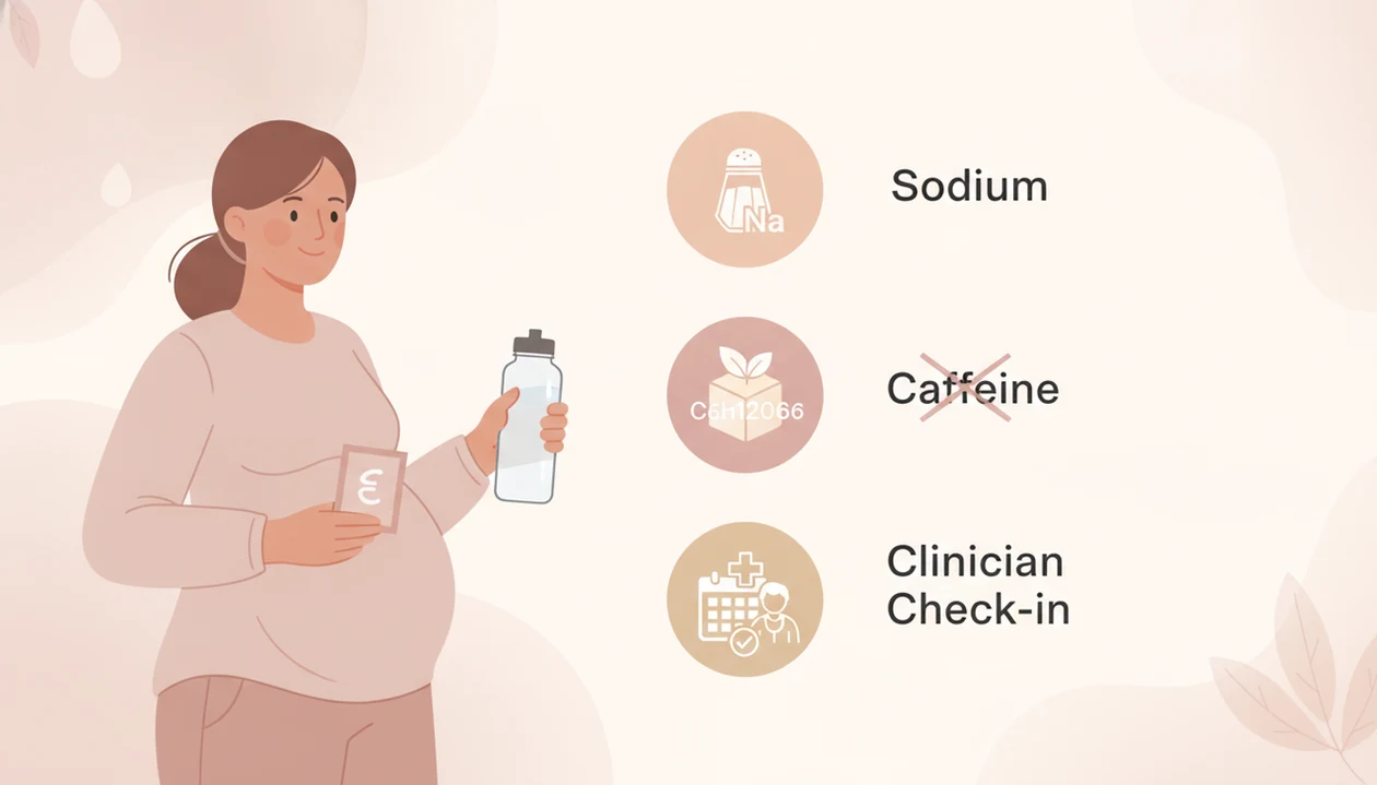 Pregnant person holding a water bottle and electrolyte packet with icons for sodium, sugar, caffeine, vitamins, and clinician check-in