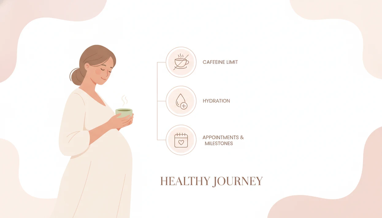 Pregnant person holding a small cup of matcha with caffeine limit, hydration, prenatal vitamin, and calendar icons