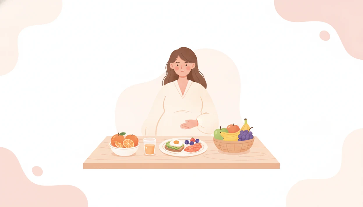 Pregnant person at a breakfast table with a small glass of pasteurized orange juice, sliced oranges, whole fruit, and a balanced meal