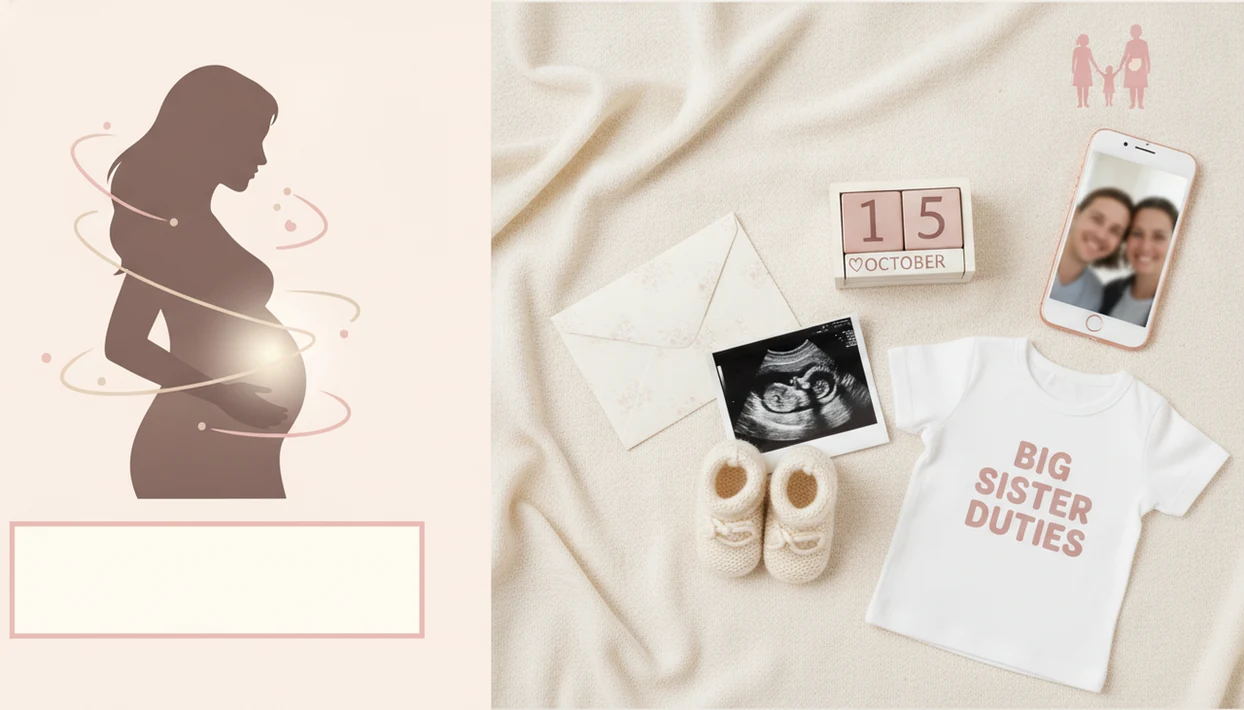 Pregnancy announcement flat lay with ultrasound photo, baby shoes, calendar, envelope, phone frame, sibling shirt, and soft family silhouettes