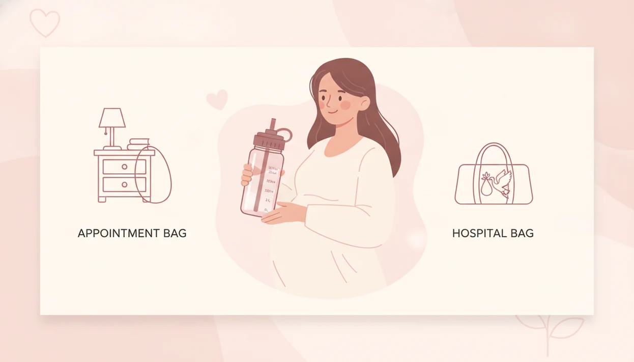 Pregnant person holding a straw water bottle with measurement marks beside a bedside table, appointment bag, and hospital bag essentials
