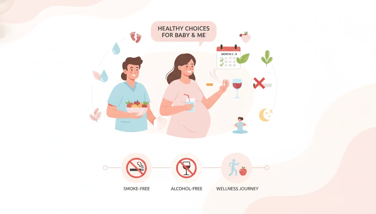 Pregnant person choosing smoke-free and alcohol-free options with supportive partner, clinician, calendar, and wellness icons