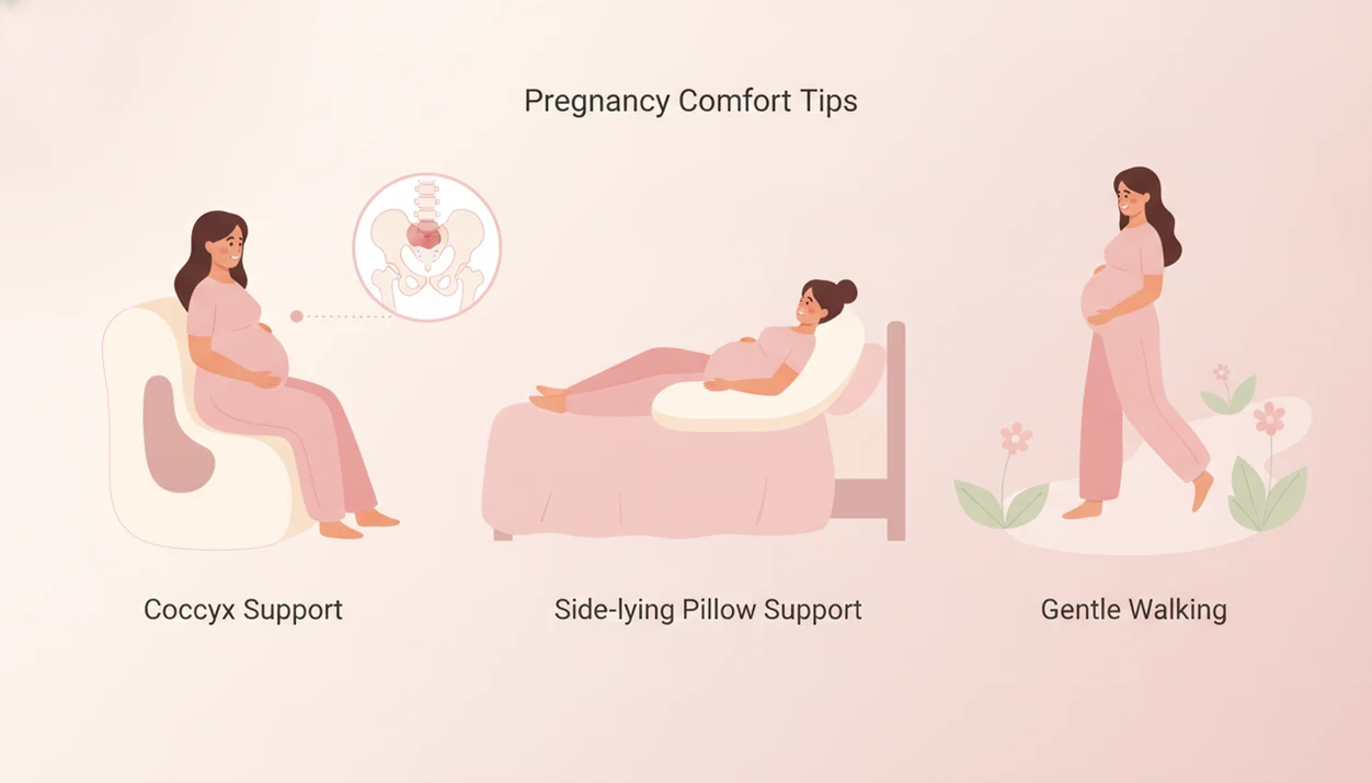 Pregnant person using a coccyx cut-out cushion with side-lying pillow support and gentle walking icons for tailbone pain relief