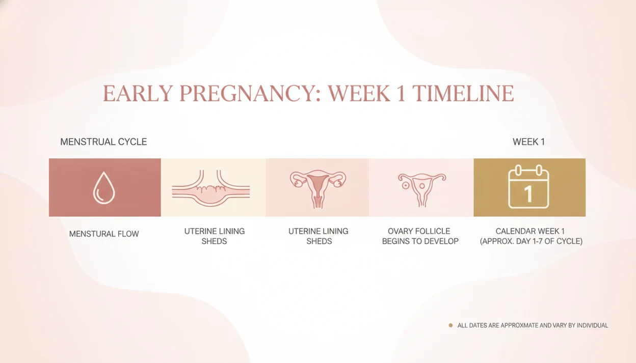 1 week pregnant menstrual cycle timeline with uterine lining and ovary follicle before conception