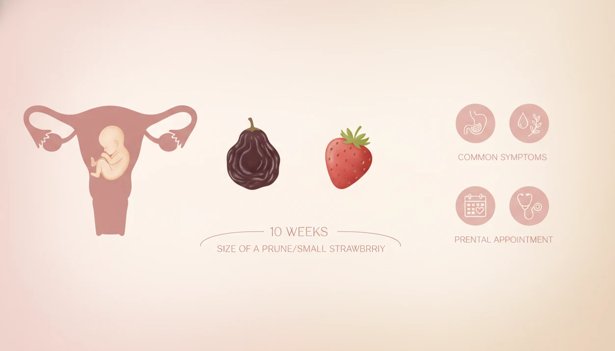 10 weeks pregnant fetus size compared with prune or small strawberry