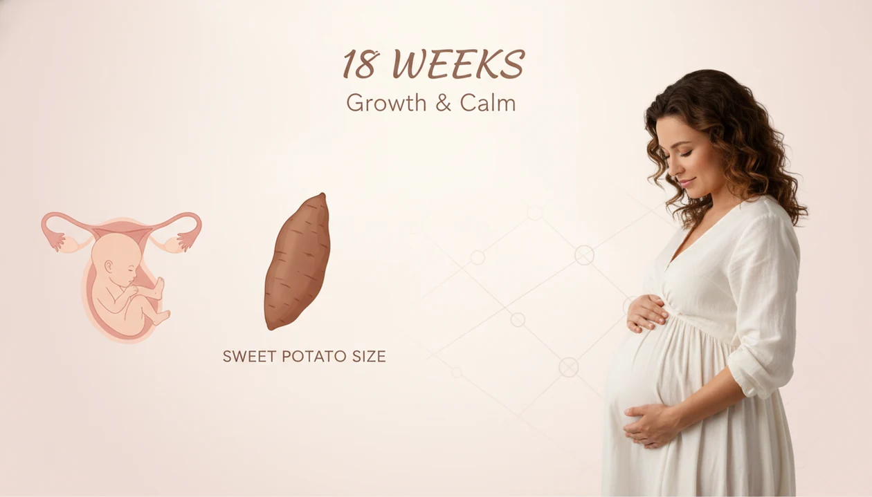 18 weeks pregnant fetus size compared with sweet potato anatomy scan illustration