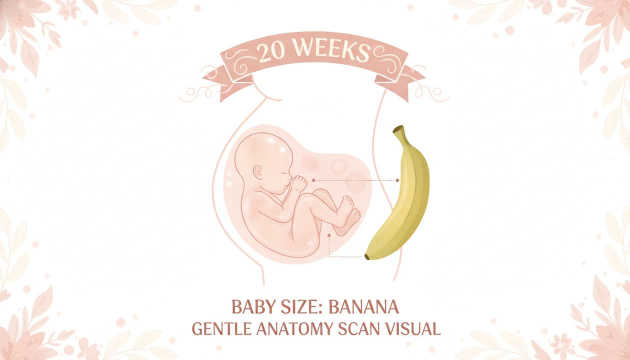 20 weeks pregnant baby size compared with banana and anatomy scan illustration