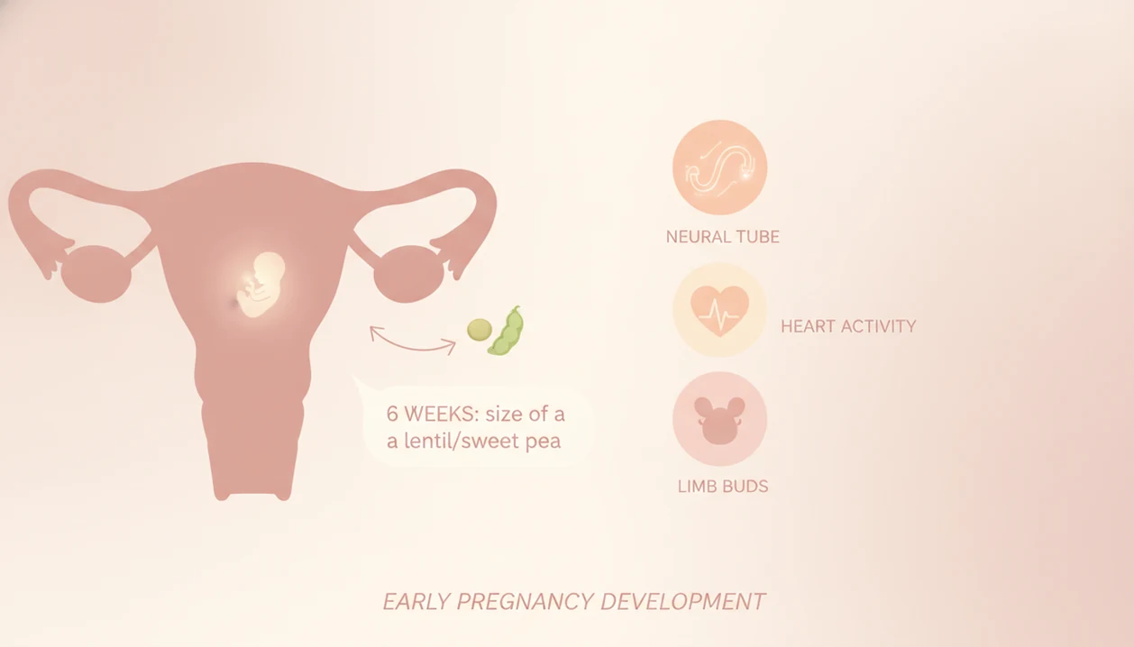 6 weeks pregnant embryo size compared with lentil or small sweet pea